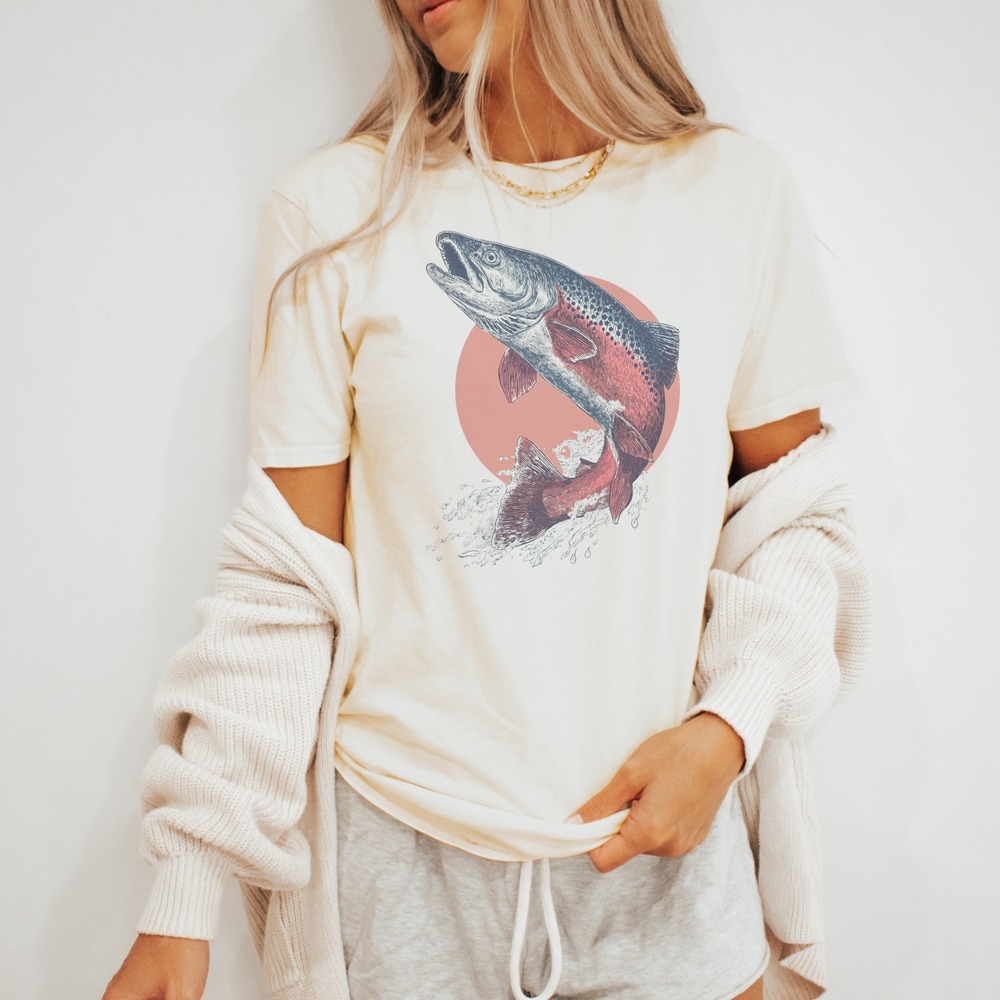 Fish Leap Graphic Tee with Etching Art Style Design